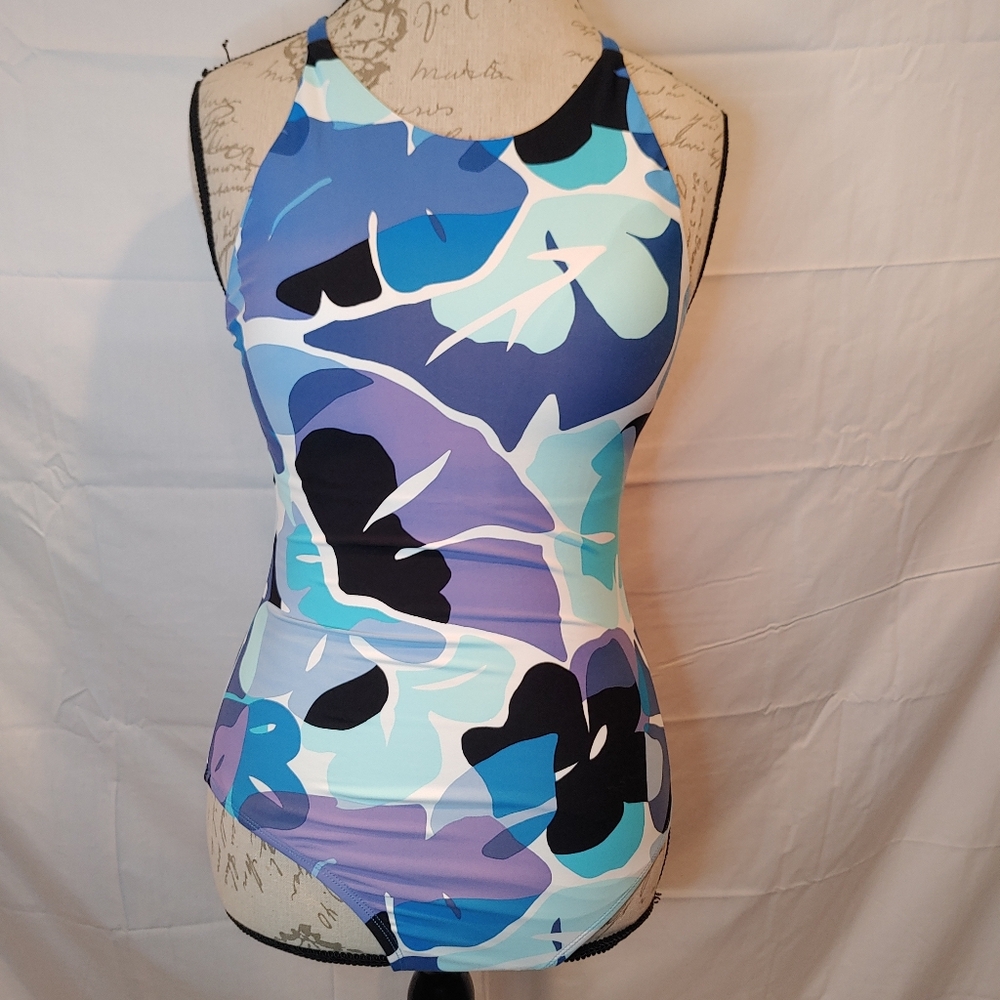 Nautica Womens Cross Back One Piece Swimsuit Abstract Print Size Medium